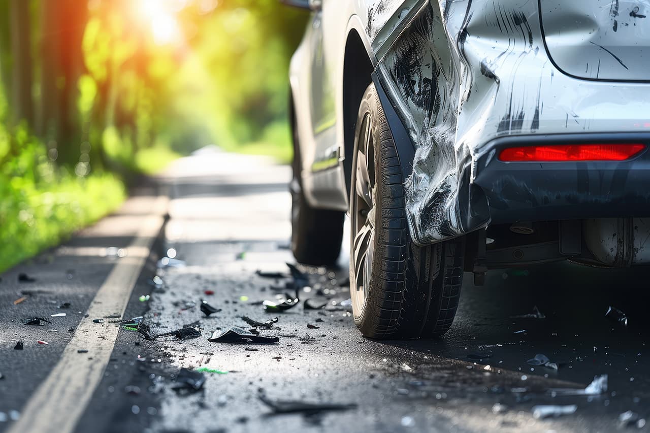車の後ろ部分が事故で凹んでいる様子